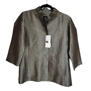 Eileen Fisher Metallic Gray Silk Blazer Quarter Sleeve Button Up Lined NWT
